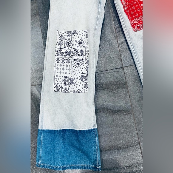 Light Wash Denim Flared Leg High Waist Patchwork Paisley Troublemaker Jeans - Picture 4 of 6